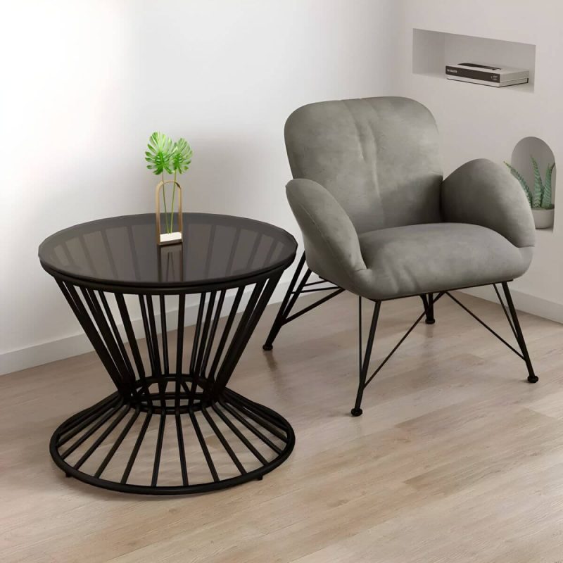 "Contemporary Outdoor Dining Table Furniture Set with Black Round Top for Courtyard - Table & Chair(s) 1 Grey"