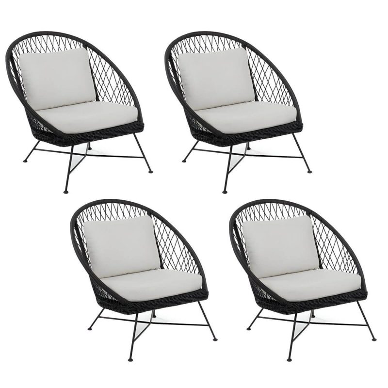 "Tropical Outdoors Dining Chair Rattan Side Chair with Cushion - 33.5"L x 31.5"W x 35.4"H Black 4 Piece Set"