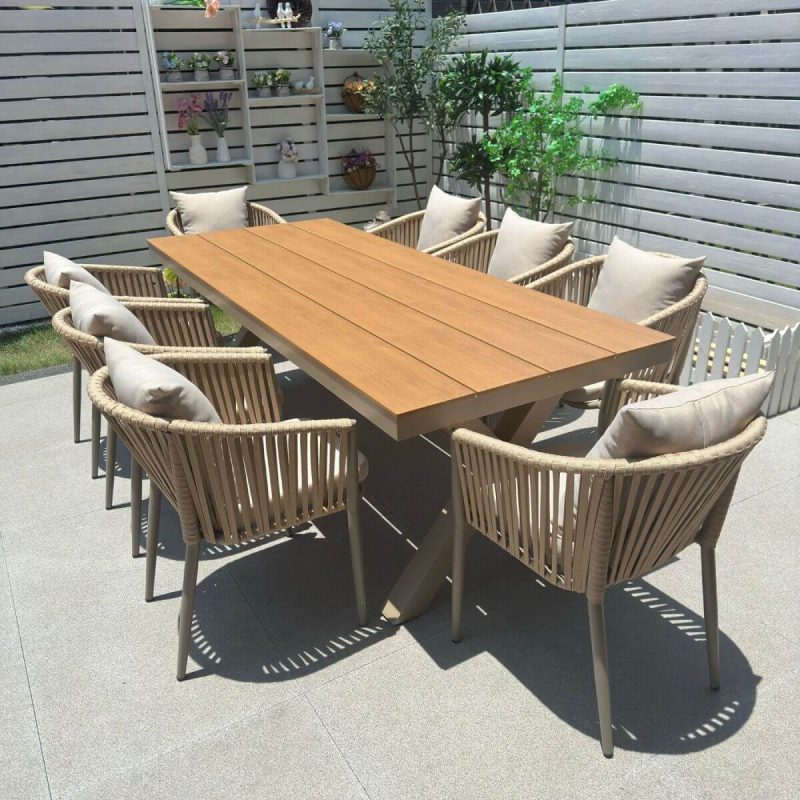 "Casual 9-piece UV-proof Fabric Outdoor Dining Set with Sepia Table, Chair, and Table, 86.6"L x 35.4"W x 29.5"H, Table & 8 Chairs"