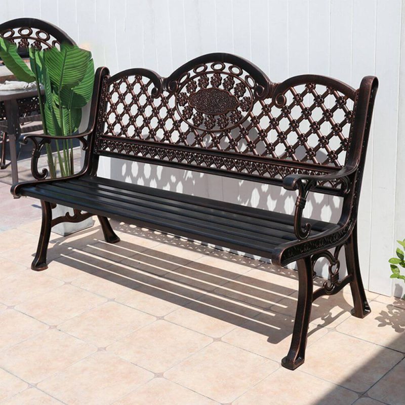"Classic Antique Brass Alloy Outdoor Bench with Curved Arm and Back, Bronze, 61"L x 24"W x 34"H"
