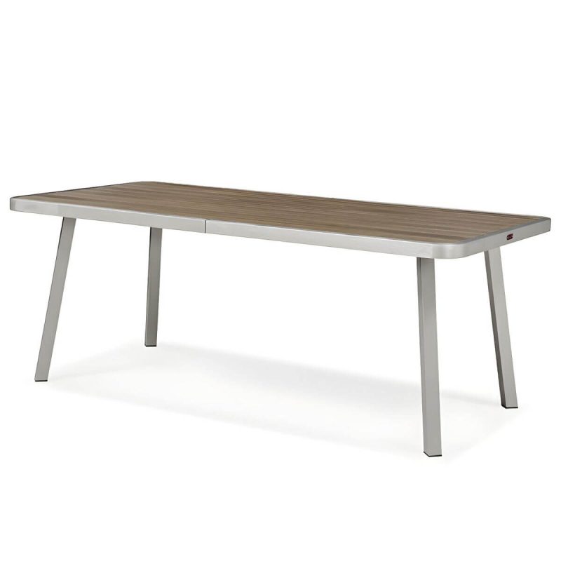 "Stylish Mid-Century Brown Patio Dining Ensemble with Manufactured Wood Tabletop - Table 79"L x 39"W x 30"H"