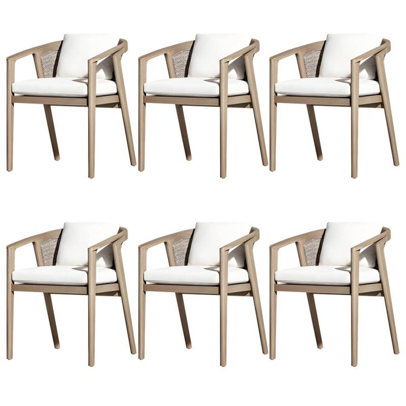 "Modern Brown Wood Side Chair with Wicker Back and Beige Cushions - 6 Piece Set With Arms"