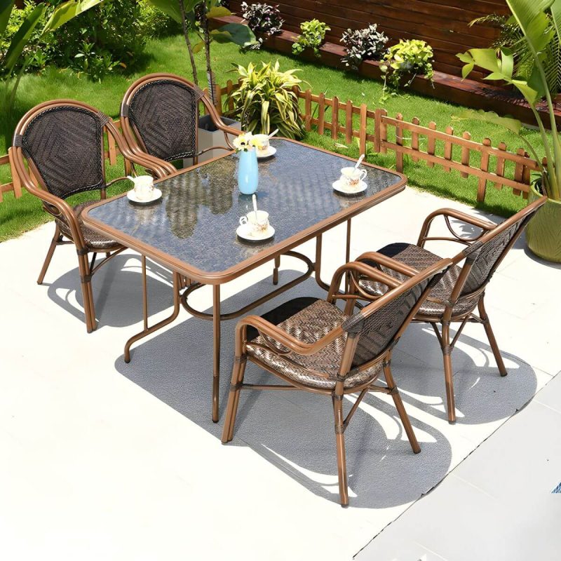 "Contemporary Dining Table Set with Brown Woven Chair for Courtyard - Table & Chair(s) 47"L x 31"W x 29"H 4"