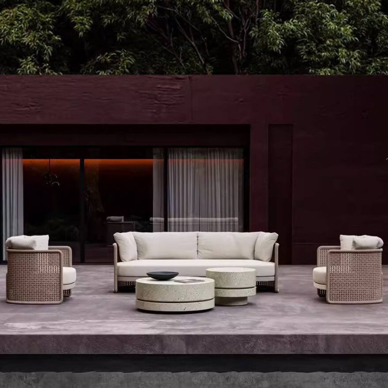 "Trendy U-Shape Sofa for 3 with Brown Frame, Sponge Fill, UV Resistance, and Cushion Included, Round Vine, 3-Seater Sofa"