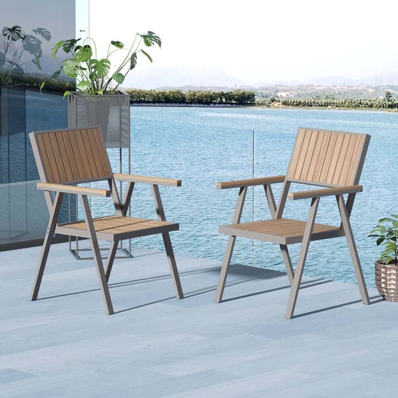 "Modern Aluminum & Wood Outdoor Dining Chair Patio Armchair in Natural & Gray (Set of 2)"