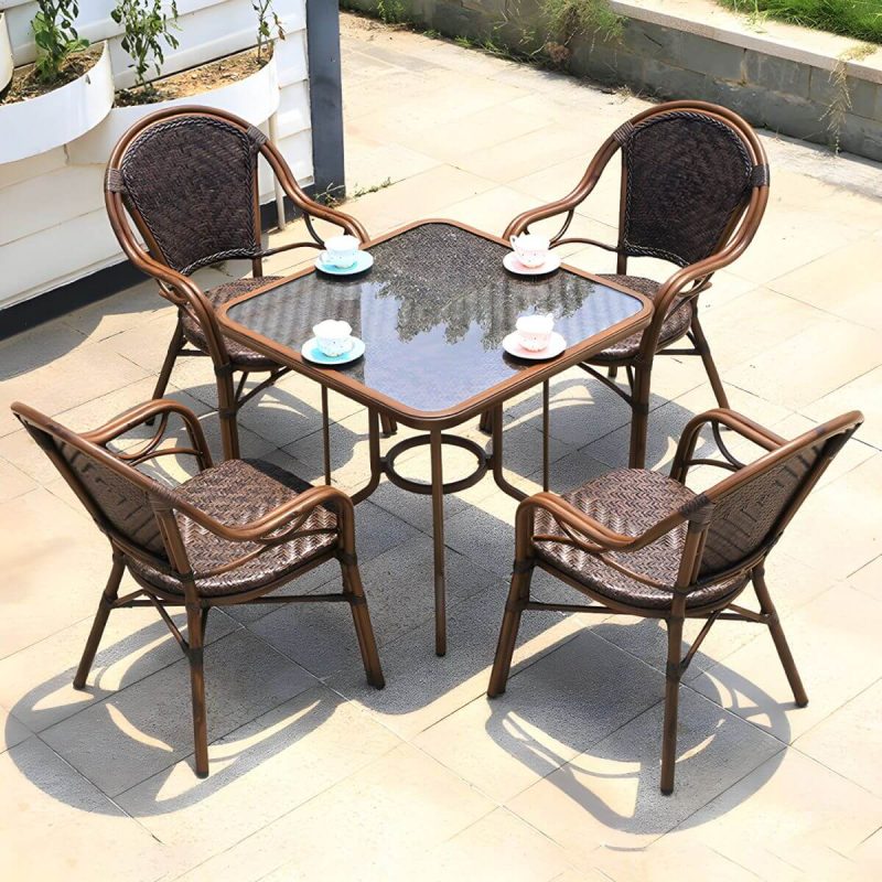 "Modern Brown Glass Top Patio Table Set Metal 4 Legs for Outdoor - Table & Chair(s) 32"L x 32"W x 30"H 4"