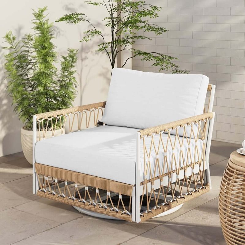 "Ropipe Outdoor Swivel Chair with Hand Woven Rope in Khaki & White"