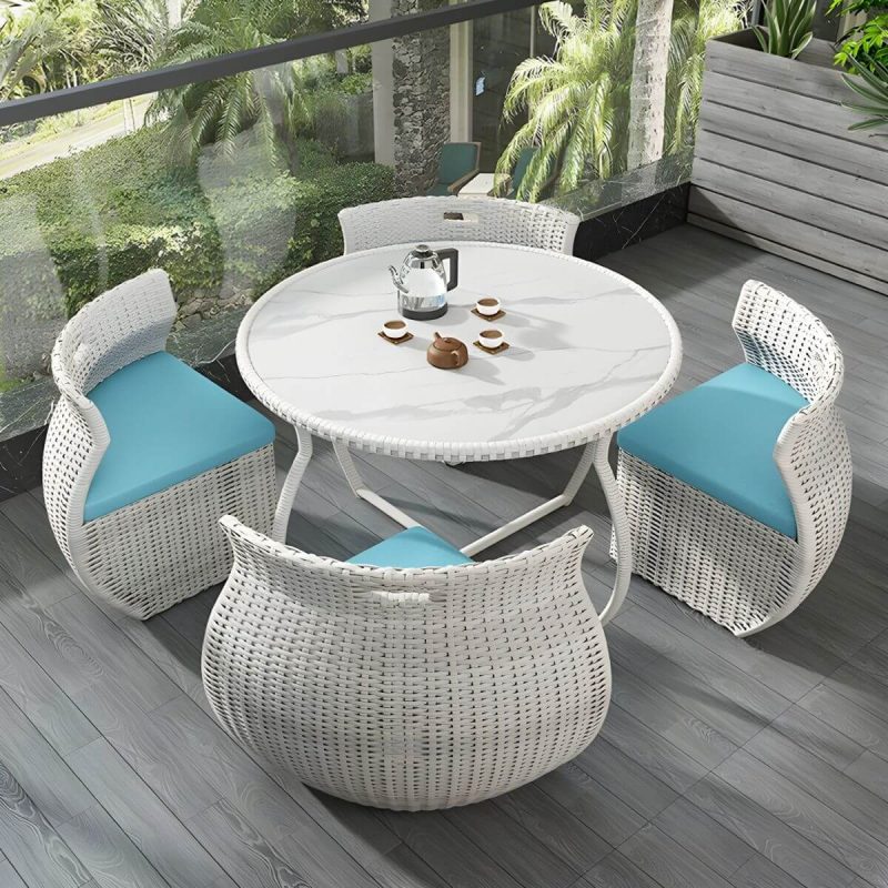 "Contemporary Glass Top White Dining Room Table Set with Wicker Dining Chairs - Table & Chair(s) 4 Stone"