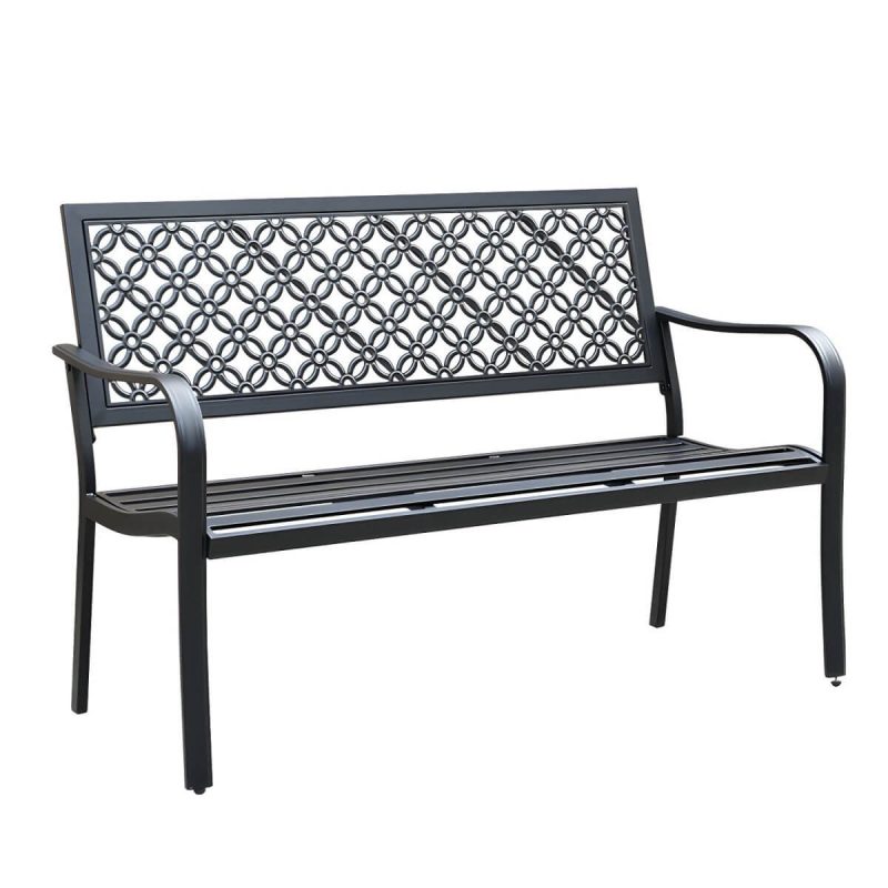 "Modern Metal Park Bench with Waterproof Durability, Water Resistant and Curved Arms - Black"