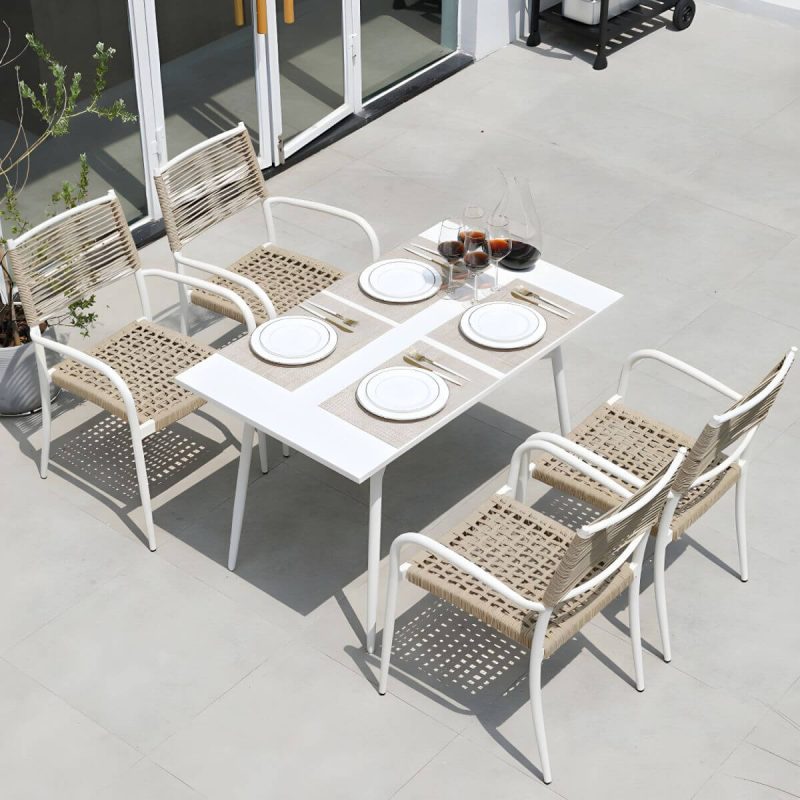 "Contemporary Metal Dining Table Set with White Top for Courtyard - Table & Chair(s) 28"L x 28"W x 29"H 2"