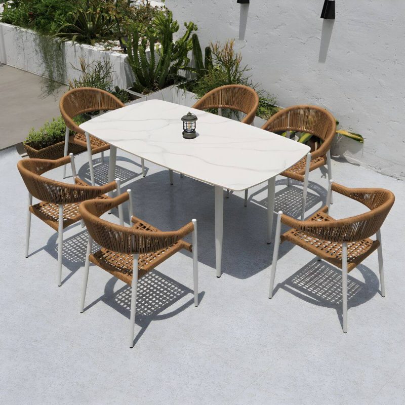 "Weatherproof Outdoor Aluminum Dining Set with Stackable Chairs and Modern Design - Table & Chair(s) 63"L x 35"W x 29"H 6"
