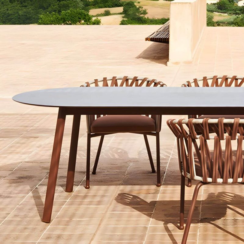 "Contemporary Style Stone Patio Table Oval Shape with Metal Legs in Grey/White - Table Only 63"L x 31.5"W x 29.5"H Gray"