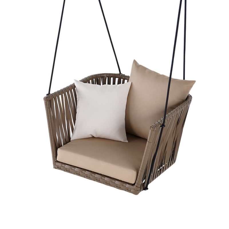 "Traditional Outdoor Hanging Chair Rattan Porch Swing Chair with Khaki Cushion Pillow"