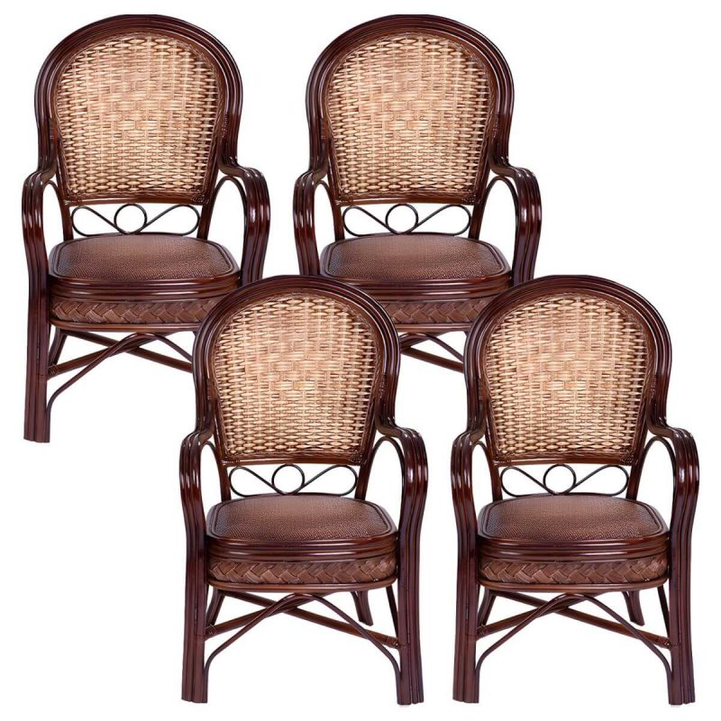 "Traditional 40.55" Height Solid Color Rattan Outdoor Dining Armchair - Burgundy 4 Piece Set"