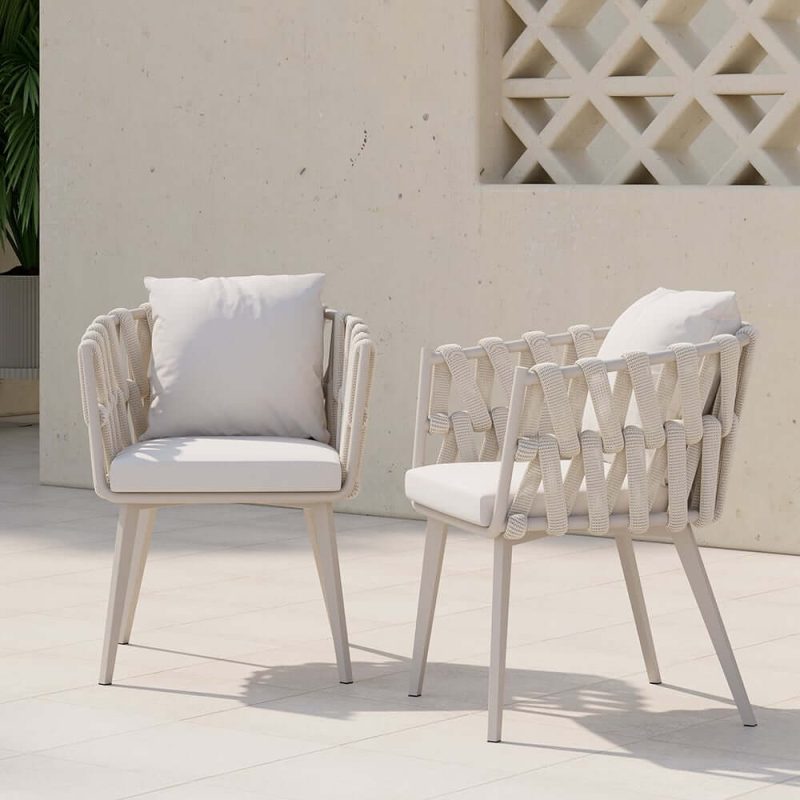 "Set of 2 Hand Woven Rope Outdoor Patio Dining Chair with Cushions in Beige"