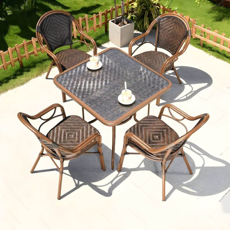 "Contemporary Dining Table Set with Brown Woven Chair for Courtyard - Table & Chair(s) 32"L x 32"W x 29"H 4"