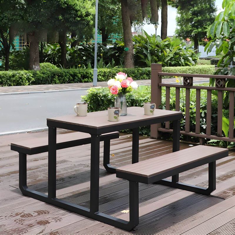 "Contemporary Brown Rectangle Picnic Table UV Resistant Picnic Table - Table with Umbrella 47.2"L x 23.6"W x 27.6"H Umbrella Hole Included Steel Table Only"