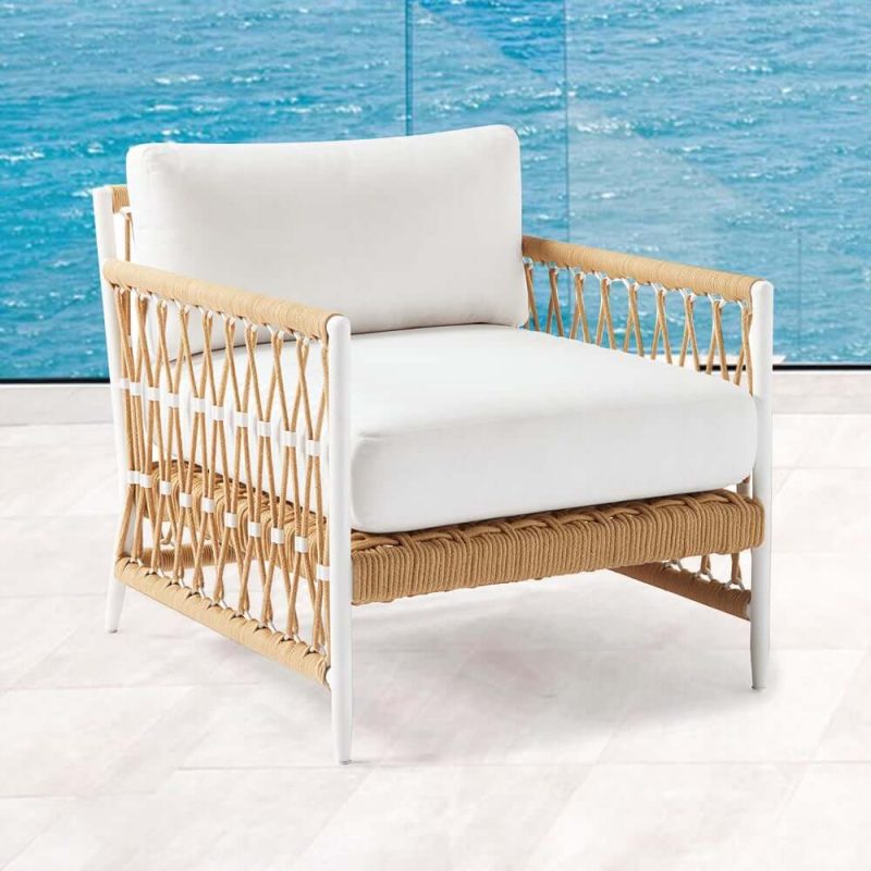 "Ropipe Outdoor Armchair with Hand Woven Rope & White Polyester Cushion"