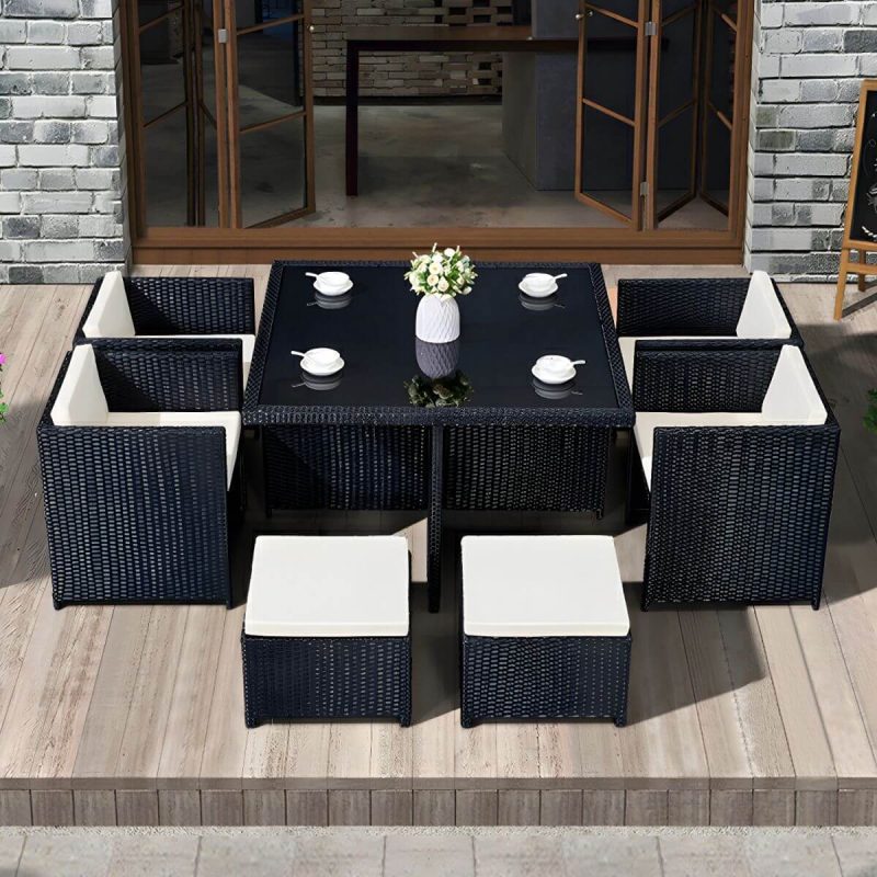 "Stylish Weatherproof Glass-top Patio Dining Set with Upholstered Chairs - Table & Chair(s) 47.2"L x 47.2"W x 29.5"H 4 Black"