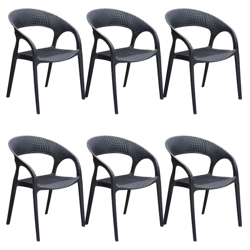 "Black Plastic Outdoor Chair Tropical Dining Armchair Stacking Armchair - 6 Piece Set"