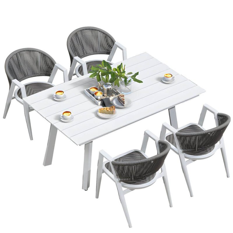 "Mid-Century Modern Metal Patio Dining Set with Non-Upholstered Wicker Chairs - Table & 4 Chairs 63"L x 39"W x 28"H Gray-White"