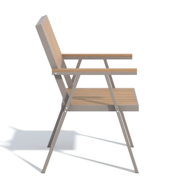 "Modern Aluminum & Wood Outdoor Dining Chair Patio Armchair in Natural & Gray (Set of 2)"