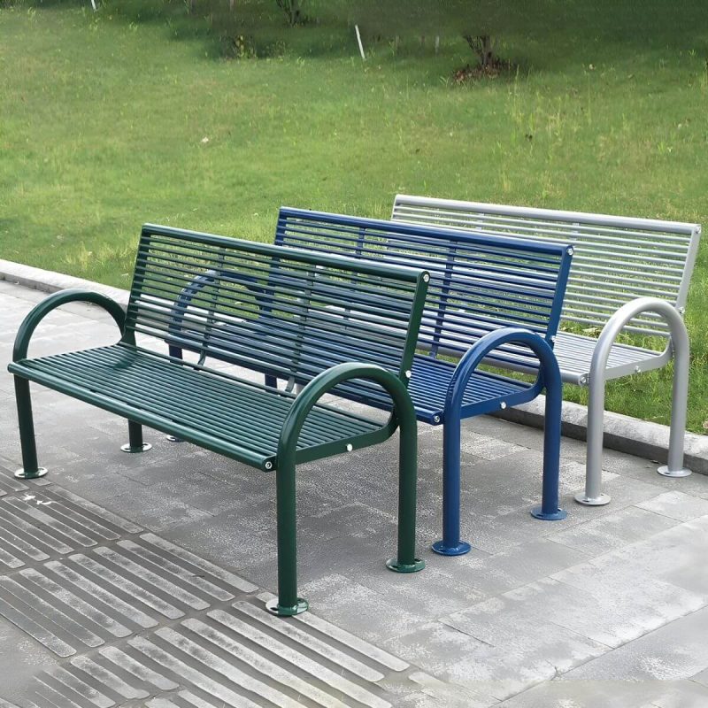 "Industrial Metal Park Bench with Waterproof Durability, Arms, and Back - Royal Blue"
