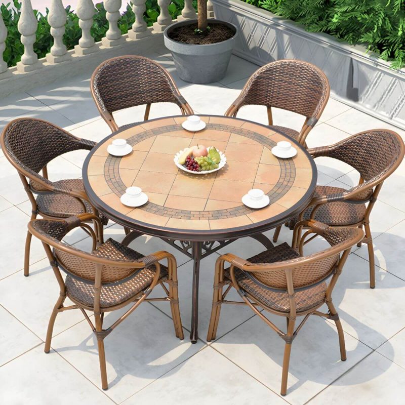 "Traditional Brown Metal Patio Dining Set with Rectangular Table - Table & 6 Chairs 47"L x 31"W x 29"H"