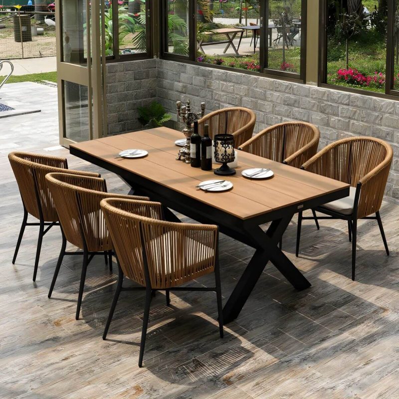"Brown Wooden Patio Table Contemporary Style in Rectangular Shape - Table Only 79"L x 35"W x 30"H"