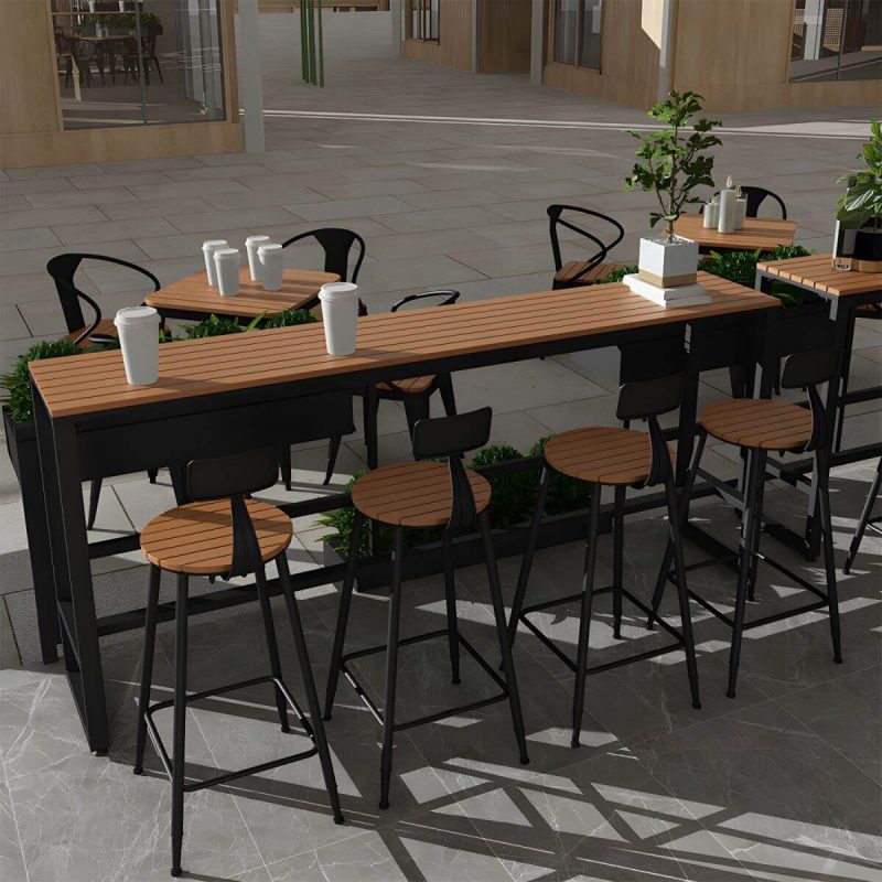 "Brown Faux Wood Bar Height Table Industrial Rectangle Patio Table - 47.2"L x 15.7"W x 41.3"H Table Only"