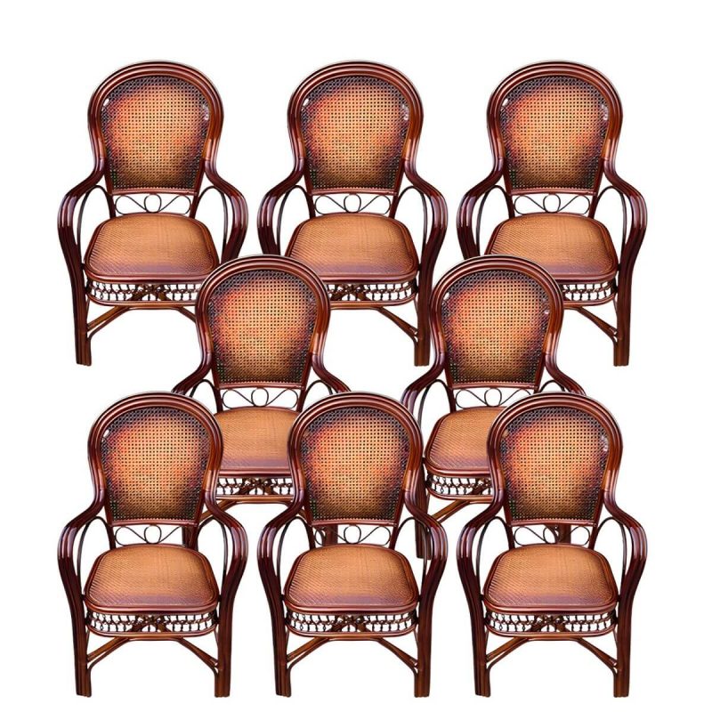 "Traditional Patio Dining Armchair in Rattan Single Outdoor Chair - Burgundy Hollow 8 Piece Set"