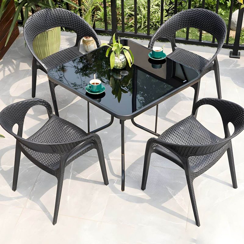 "Black Plastic Outdoor Chair Tropical Dining Armchair Stacking Armchair - 6 Piece Set"