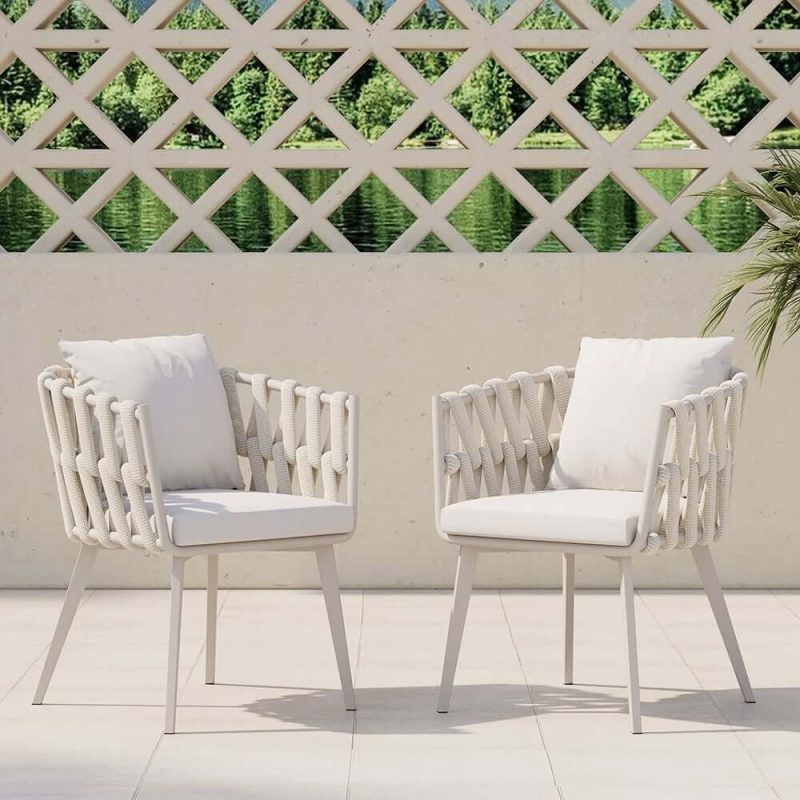 "Set of 2 Hand Woven Rope Outdoor Patio Dining Chair with Cushions in Beige"