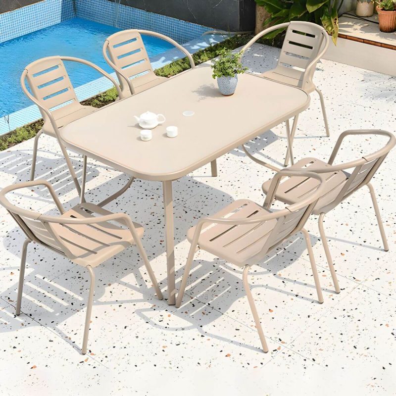"Stackable Beige Metal Arm Chair with Waterproof Durability - Modern Style - 6 Piece Set"