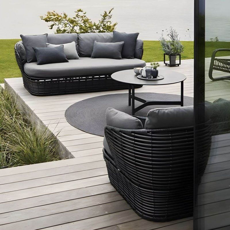 "Modern & Contemporary Outdoor Loveseat Wicker/Rattan Fabric With Cushions - Black 31"L x 70"W x 25"H"