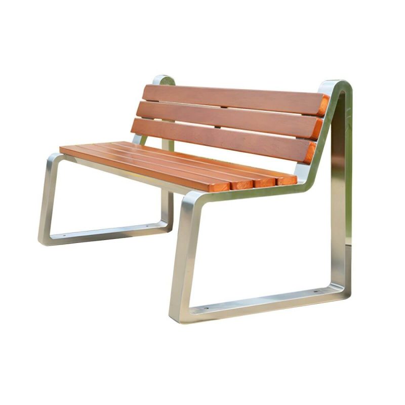 "Stainless Steel Metal Park Bench with Brown Wood Seating and Back - Dark Brown"