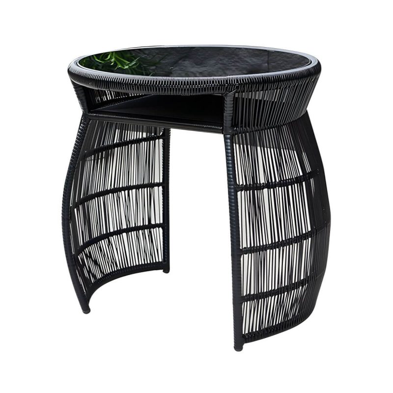 "Modern Black Round Shape Dining Room Chair and Table Set with Woven Chairs - Table & Chair(s) 2"