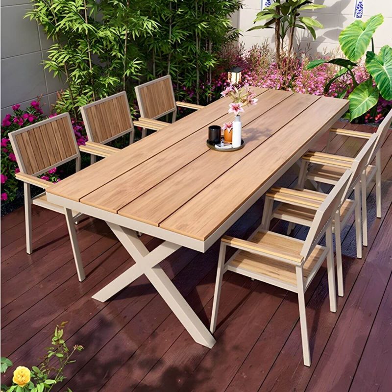 "Modern Wood Patio Dining Table with Aluminum Frame in Gray Color - Table Only 70.9"L x 35.4"W x 29.5"H Natural Finish Rectangular"