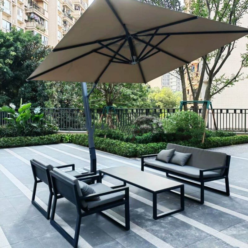 "Patio Sofa Seating Set with Metal Table Top, Textile Upholstery, 4-piece, Ink Table, Sofa Included, Grey Pillows, UV Resistant, 4-Piece Set(2 Chairs & 1 3-person Sofa & 1 Coffee Table)"