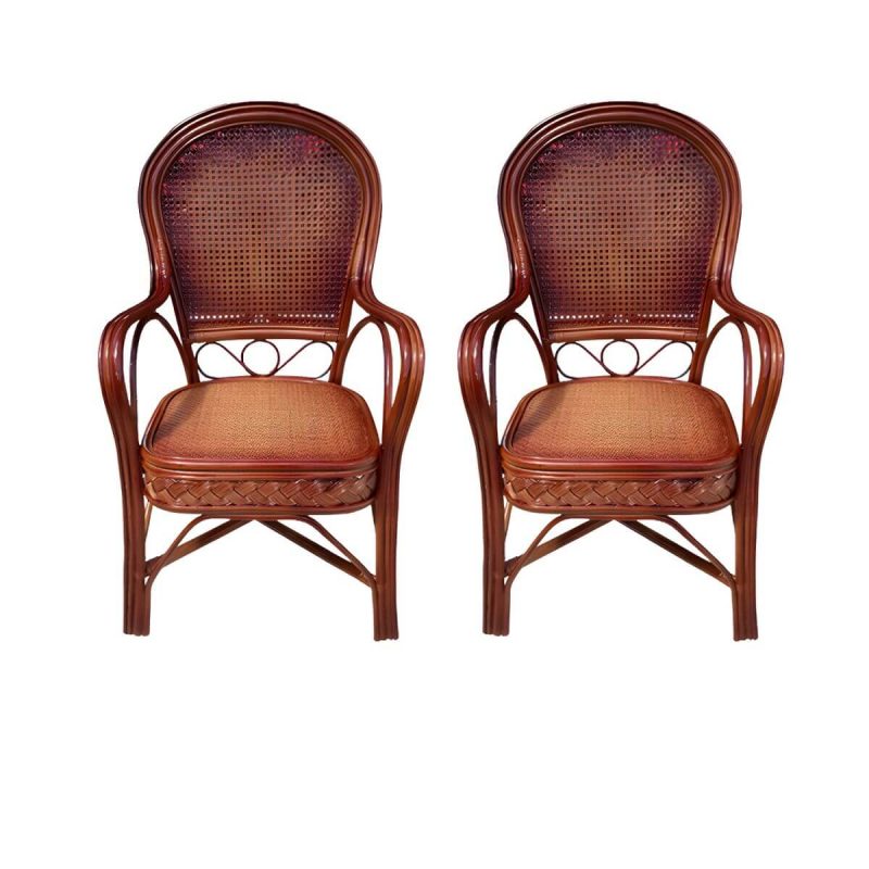 "Traditional Patio Dining Armchair in Rattan Single Outdoor Chair - Red Brown Rattan Weaving 2 Piece Set"