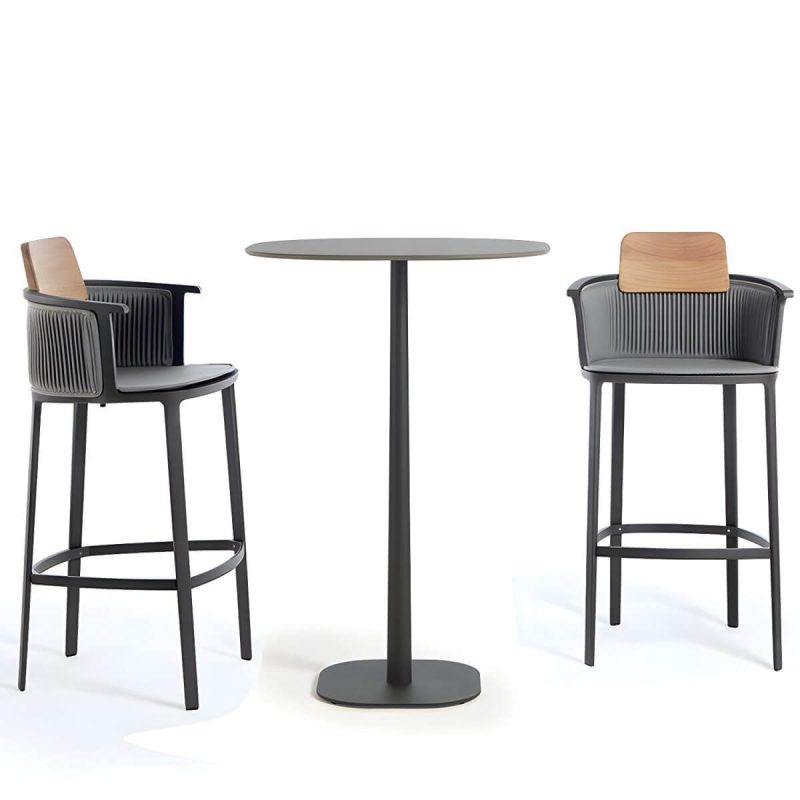 "Modern Sintered Stone Top Bar Table Set 1/3 Pieces Round Counter Table Set for Outdoor - Grey Table & Chair(s) 2"