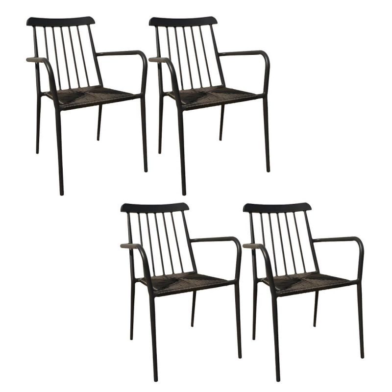 "Tropical Metal Arm Chair with Corrosion Resistant Construction for Outdoor Dining - Black 4 Piece Set"