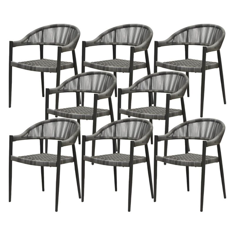 "Contemporary Metal Frame Outdoor Dining Chair Set in Black with Arms - 22"L x 23"W x 31"H 8 Piece Set"