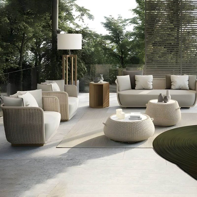 "Waterproof Wicker/Rattan Modern Sofa with Upholstered Cushions and Pillows - Teak Frame - Apricot 3-Seater Sofa"