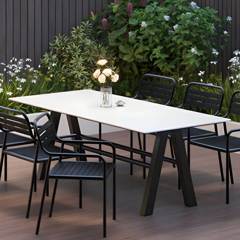 "White Stone Rectangular Patio Dining Table without Umbrella Hole - Table Only 63"L x 31.5"W x 29.5"H"