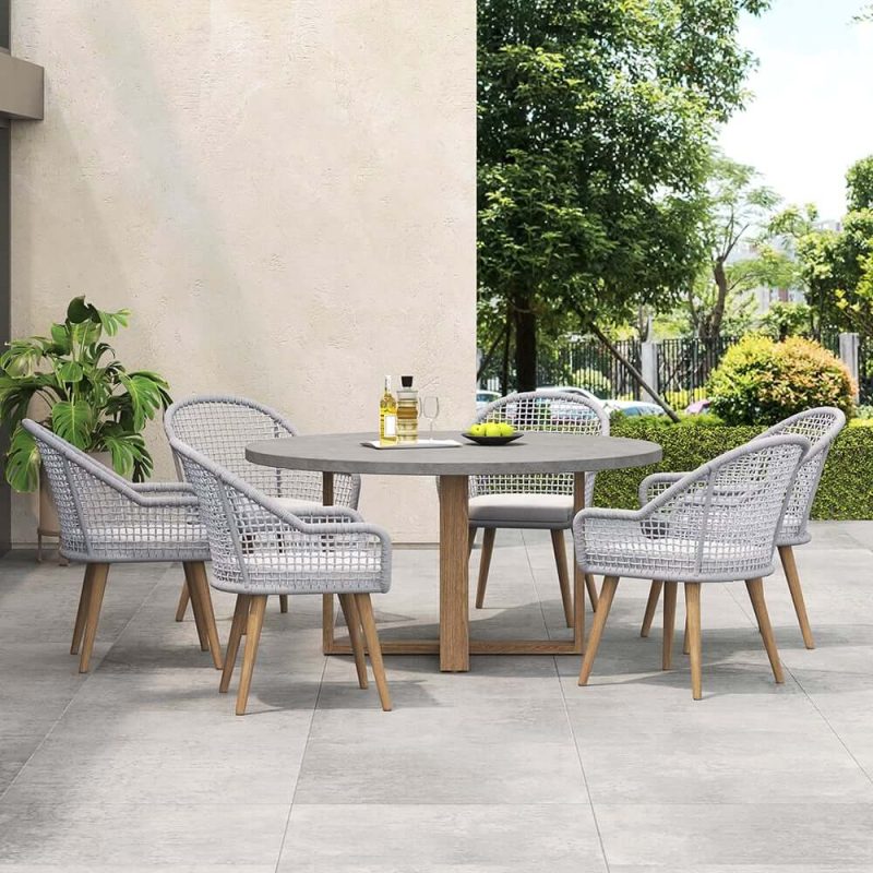 "7 Pieces Teak Round Outdoor Concrete Dining Set with Gray Table Woven Armchair 6-Person"