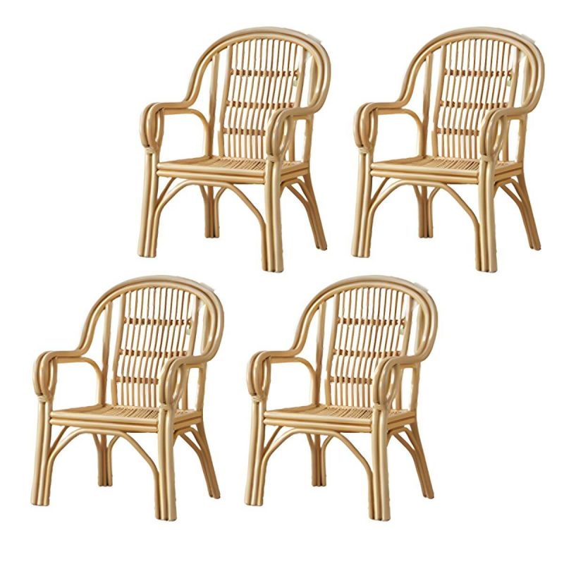 "Traditional Rattan Natural/Black Patio Arm Chair with Water Repellent Finish Cushion - Natural Finish 4 Piece Set"