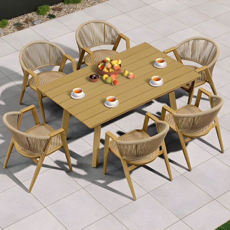 "Mid-Century Modern Metal Patio Dining Set with Non-Upholstered Wicker Chairs - Table & 6 Chairs 63"L x 39"W x 28"H Natural"