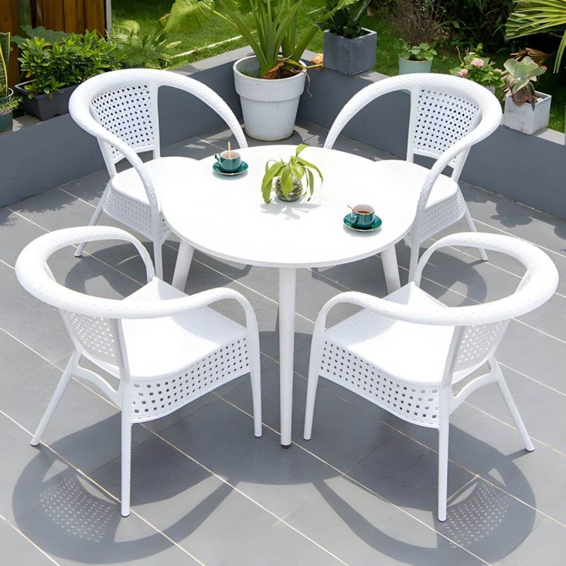 "Contemporary White Metal Dining Table Furniture Set with Chairs for Courtyard - Table & Chair(s) 63"L x 35.5"W x 28.3"H 6"