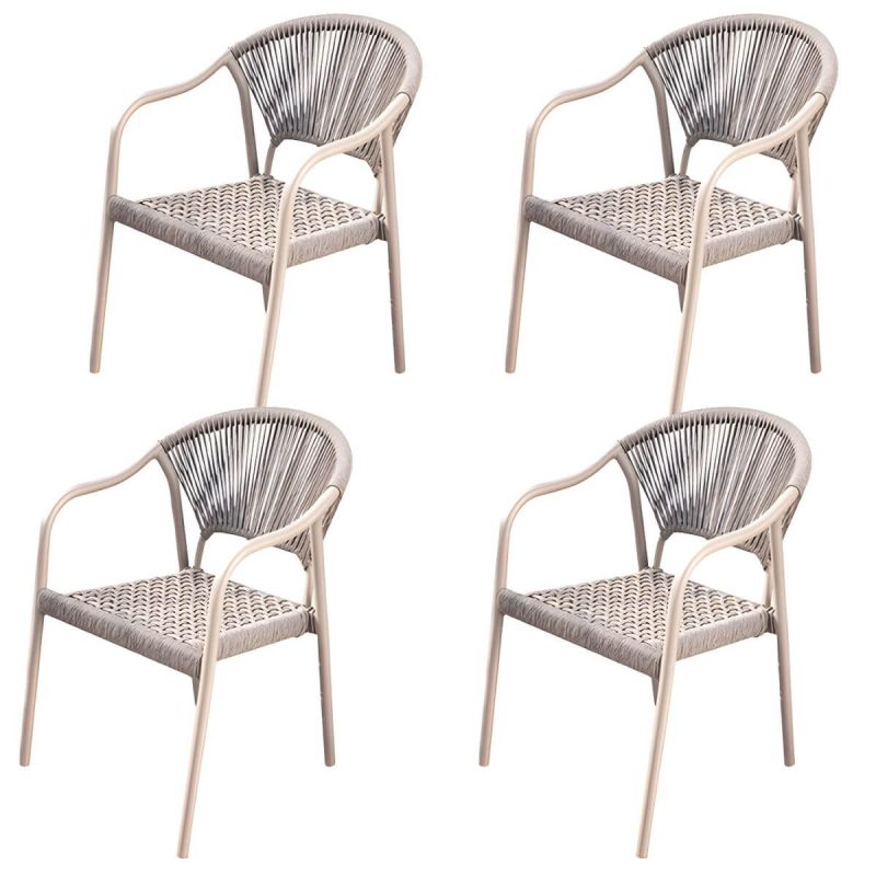 "Modern Stackable Brown Metal Arm Chair with Wicker Back for Patio Dining - 4 Piece Set"